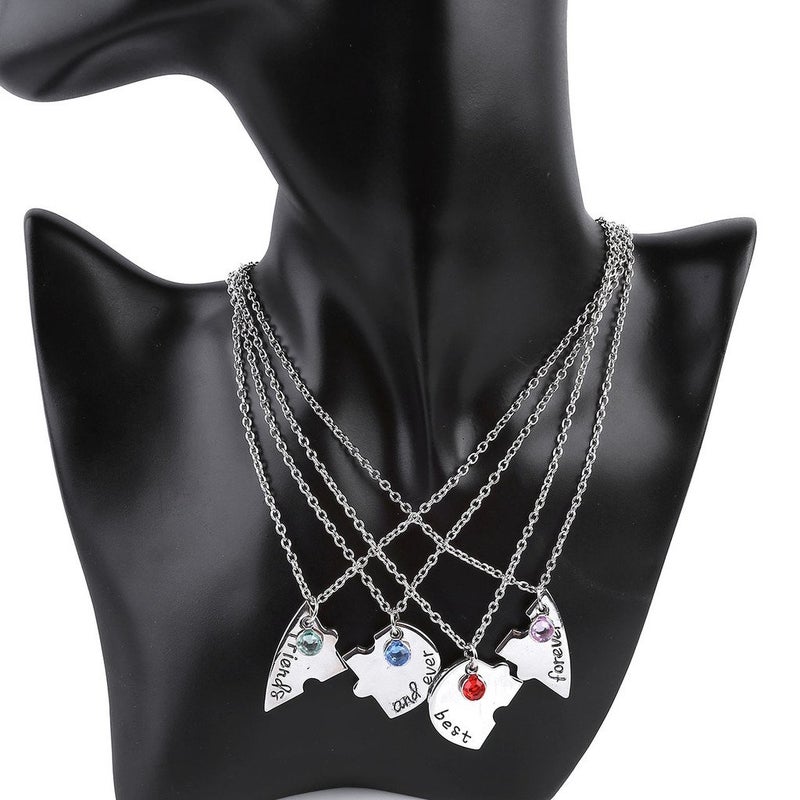 Top Plaza Silver Tone Alloy Rhinestone Best Friends Forever and Ever BFF Necklace Engraved Puzzle Friendship Pendant Necklaces Set(Set of 4) - Image 2